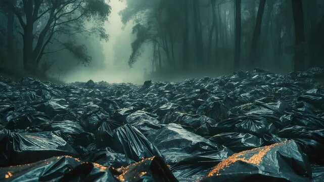A stack of black garbage bags at the forest's edge