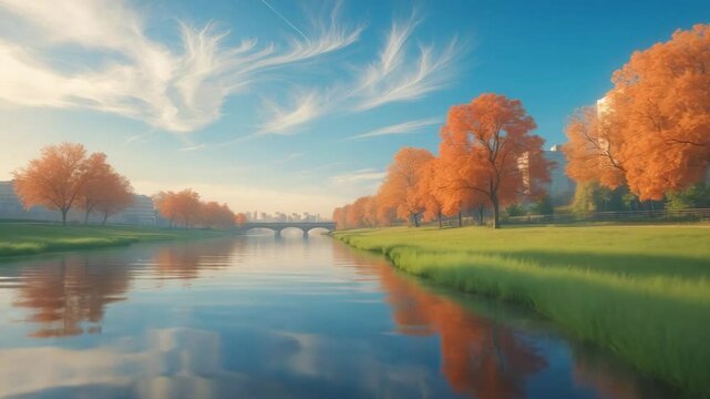 Uzh River in autumn: Drought and climate change impact. Sunny weather with trees by the bank and clouds reflected in shallow water amidst urban landscape.