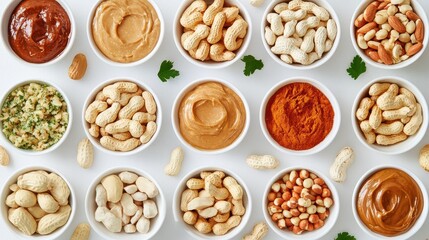 Variety of Peanut Products and Nuts Displayed in Bowls on White Background