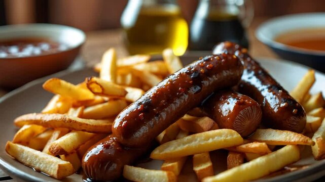 Traditional currywurst - sausage slices served with curry sauce and French fries