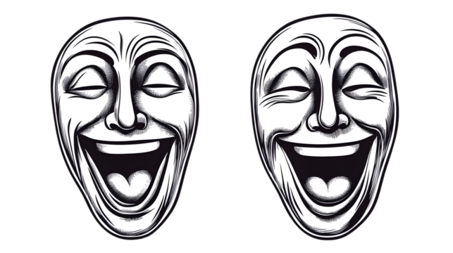 Illustration Of Two Laughing Faces In White And Black Isolated Background