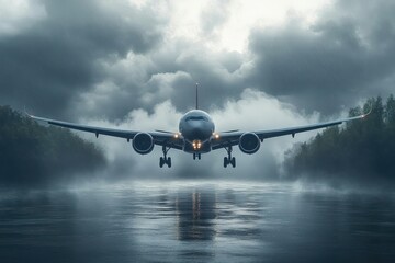 Majestic airplane landing in a foggy, misty forest