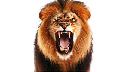 Photo of Roaring Lion with Open Mouth Displaying Teeth Isolated on Black Background