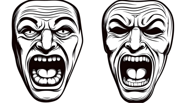 Illustration Of Two Screaming Faces In White With Black Background