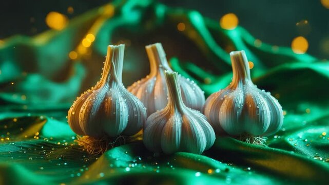 A portrait featuring garlic bulbs against a green backdrop