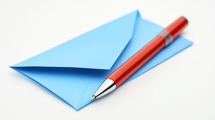 Red Pen Laying Beside Blue Envelope on White Background for Creative Correspondence Concept