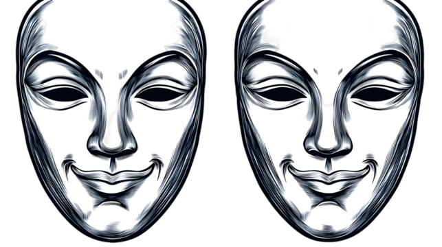 Illustration Of Two Smiling Masks In Black And White Isolated On Transparent Background
