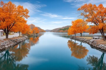 Fototapeta premium A calm river reflecting autumn trees with colorful leaves