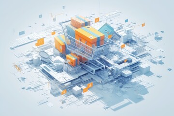 Fototapeta premium Abstract 3D illustration of online shopping, depicting packages in a cart amidst digital circuitry