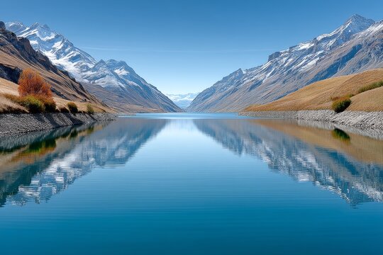 A calm lake with a mirror reflection of a mountain range