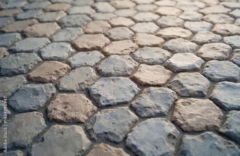Poster close-up view of stone paving stones texture. grey, brown stone blocks create an old street or pathw