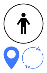 Minimalist human figure in circle, blue location pin, and circular arrows. Ideal for navigation, positioning, mobility, tracking, workflow, movement geolocation flat simple metaphor