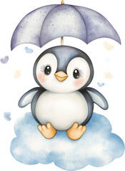 Obraz premium baby penguin on a cloud under an umbrella