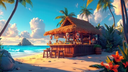 Serene beachside tiki bar offering tropical refreshment amidst stunning coastal scenery