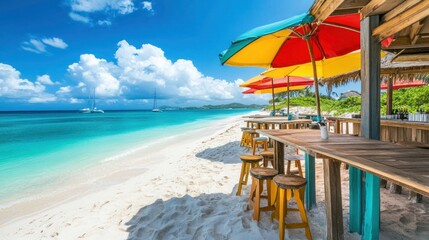 Inviting beachfront bar scene with turquoise water and sailing yachts