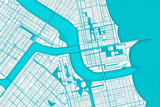 A flat vector of a city flood map showing high-risk zones and drainage paths, white background