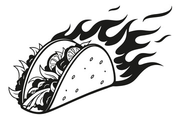 Vector food art illustration of an spicy taco, cheese, and sliced fruit icon design