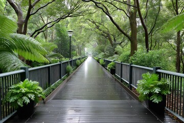 A natural park boardwalk with diverse birdlife and plant species