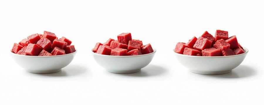 Fresh raw beef cubes arranged white ceramic bowls isolated white background. Ideal pet food ingredient. Perfect for home cooking, preparing tasty meals. Butcher shop advertisement. High-quality meat.