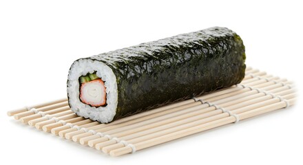 A classic California roll with crab sticks, cucumber and avocado, displayed on a white bamboo mat.