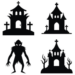 set of vector silhouettes of halloween icons