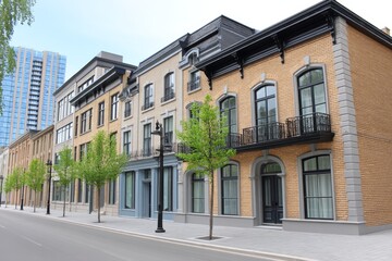 Naklejka premium A wide street in downtown lined with brick buildings and modern additions