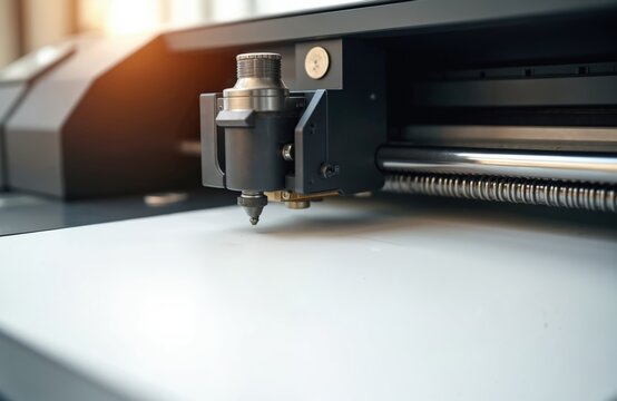 Close-up of cutting plotter cutting vinyl film, creating sticker label. Machine tool for printing, advertising, sign making. Plotter cutting technology in action, graphic design.