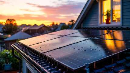 Solar Panels With Dramatic Sunset Backdrop