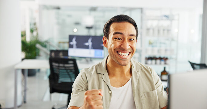 Excited, engineer and man with laptop, office and planning for windmill design, happy and renewable energy. Business, designer and person with smile for wind turbine, success and feedback on tech - Powered by Adobe