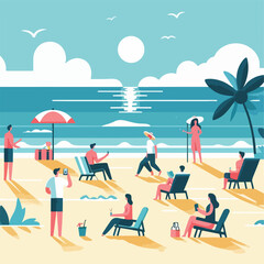 vector image of people on holiday to the beach happily