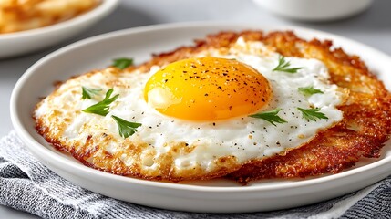 Delicious Crispy Fried Egg with Potato Hash Browns Perfect Breakfast Food Photography