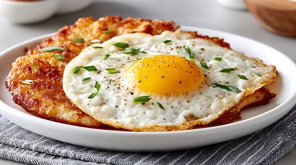 Delicious Fried Egg with Crispy Potato Pancakes Breakfast Meal
