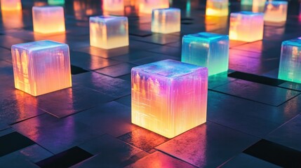Glowing futuristic cubes illuminating a dark, reflective surface beautifully