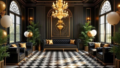 Luxurious interior in art deco style. Black, gold design, elegant furniture. Party decor with balloons, palm trees, chandeliers. Great Gatsby theme, luxury. Glitz, glamour, vintage style. Festive