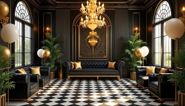 Luxurious interior in art deco style. Black, gold design, elegant furniture. Party decor with balloons, palm trees, chandeliers. Great Gatsby theme, luxury. Glitz, glamour, vintage style. Festive
