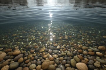 Hyper realistic river with detailed water surface, reflections, and pebbles beneath