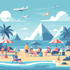 vector image of people on holiday to the beach happily