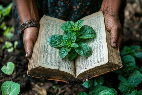 Hands holding an open book with a small plant