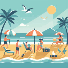 vector image of people on holiday to the beach happily