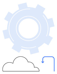 Cloud outline and blue arrow pointing downward under a translucent gear implying synchronization, efficiency, and system automation. Ideal for technology, innovation, software, cloud service, data