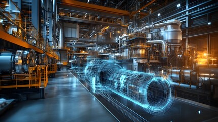 Fototapeta premium A futuristic industrial setting with a large pipe in the foreground. The pipe is surrounded by a blue and silver glow, giving the impression of a futuristic, high-tech environment
