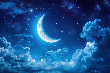 Close up picture of waxing crescent moon in blue sky