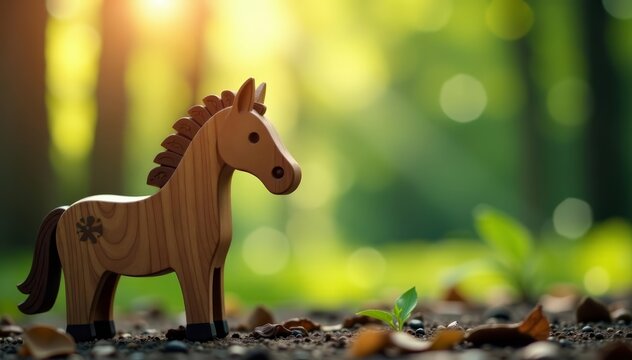 Artistic double exposure of wooden toy horse head and forest, double exposure, artistic