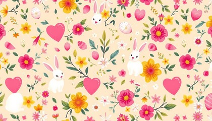 Beige background Easter seamless pattern featuring bunnies, eggs, flowers, hearts, leaves, and abstract elements, joy, illustration