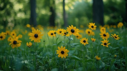 Obraz premium Yellow wildflowers in a forest glade