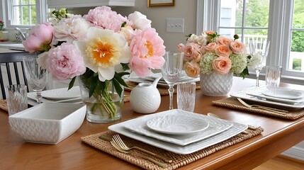 Elegant Table Setting with Pink Peonies and Roses Spring Floral Arrangement White Dinnerware