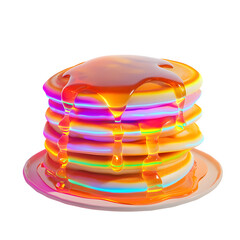 Stack of pancakes with syrup, neon colors, soft shadows, isolated on white background