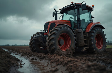 Obraz premium Tractor wheels in muddy field agricultural work. Farm vehicle, transportation through dirt. Heavy machinery for cultivating fields, farming. Tire tracks after rain in farmland. Cloudy day,