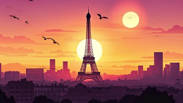 Sunset over Paris with Eiffel Tower silhouetted against vibrant sky and cityscape