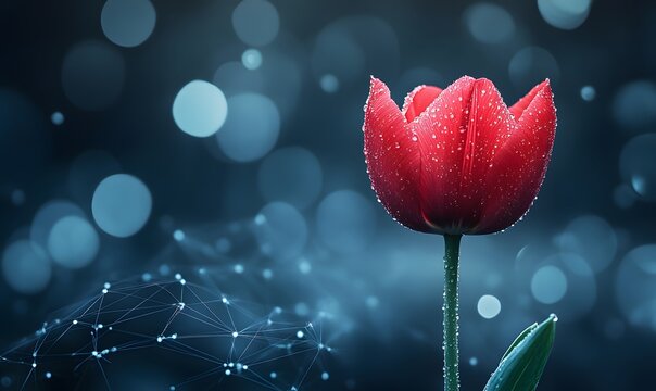 Red tulip with water drops in macro view symbolizing World Parkinson's Day, hope, neural care, and global health awareness